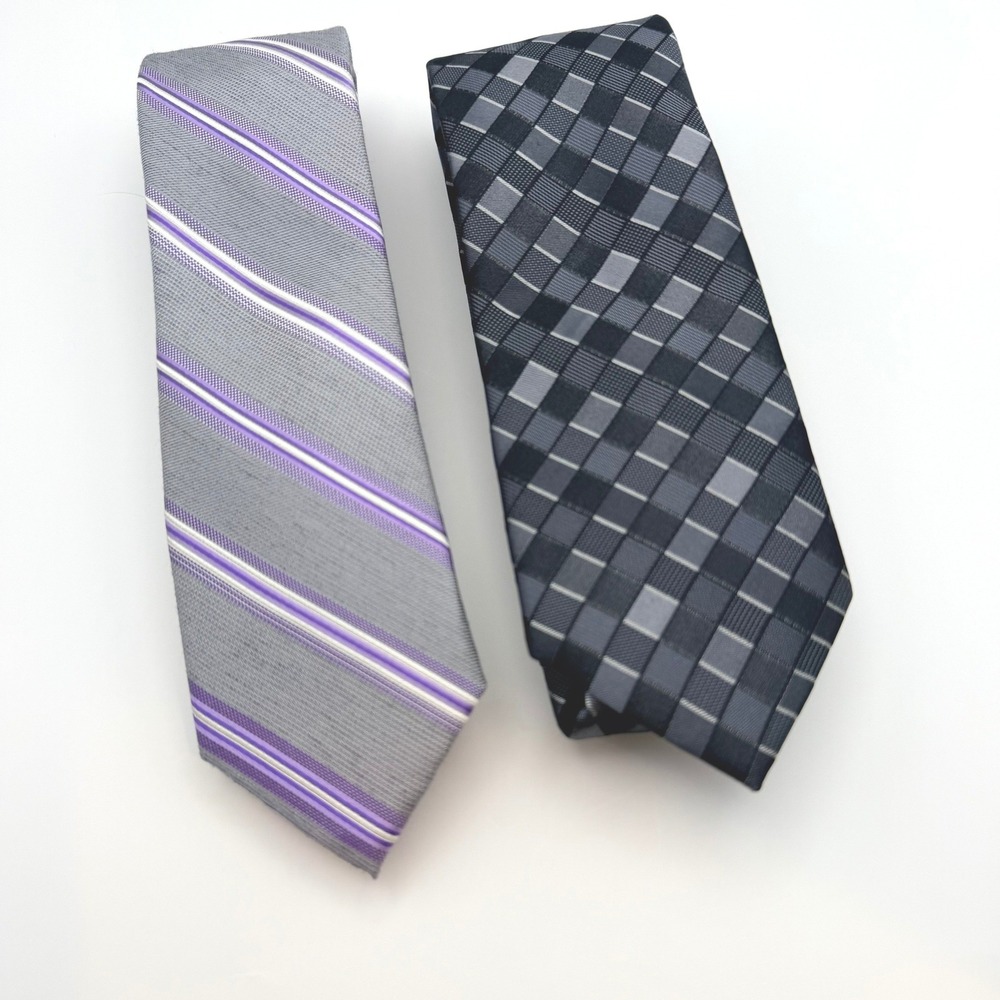Awearness Kenneth Cole Mens 2 Pack Neckties Gray Purple Striped Black Plaid Tie